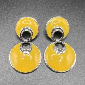 Silver Tone Yellow Enamel Circular Form Dangle Earrings